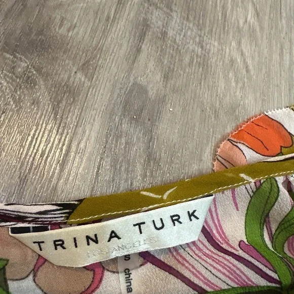 Trina Turk Blouse Magnolia Floral Silk Ruffle Tie Front Pink Green Women Small - Picture 4 of 6